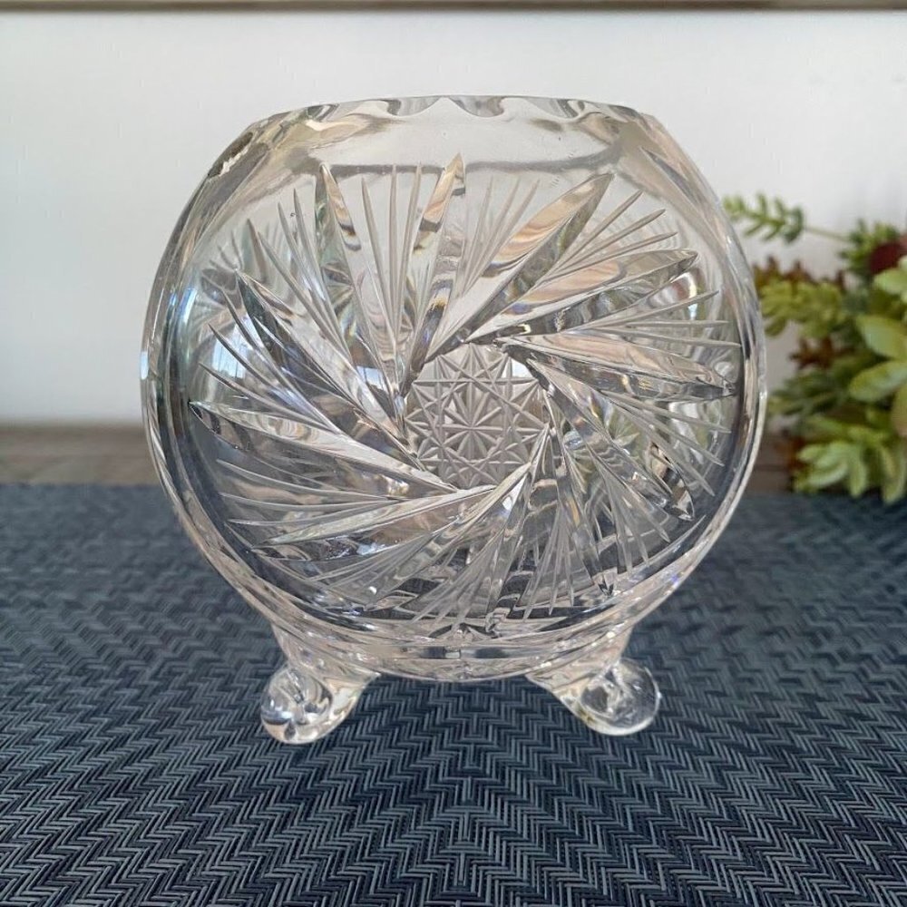 American Cut Crystal Corp Czech Footed Round Rose Vase